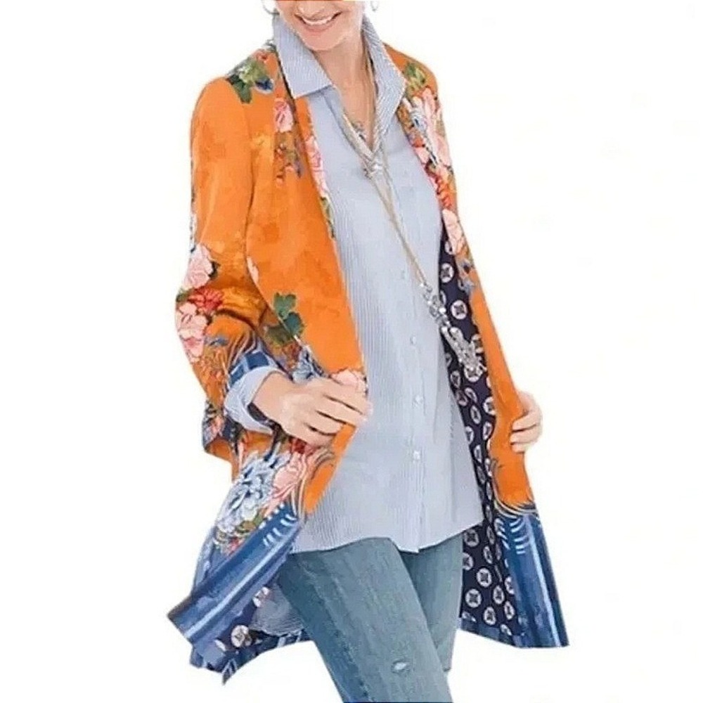Chico's Floral Drama Kimono Jacket XL Orange Blue Open Front Boho Artsy Romantic